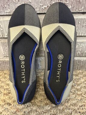 Rothy's Black and Cream Pointed Knit Flats with Blue Trim